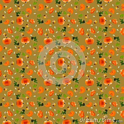 Pattern with orange pumpkin, smoothie and wedge. Stock Photo